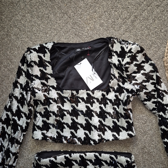 NEW ZARA Sequin Houndstooth Skirt & Top Sz.S NWT - Picture 6 of 9